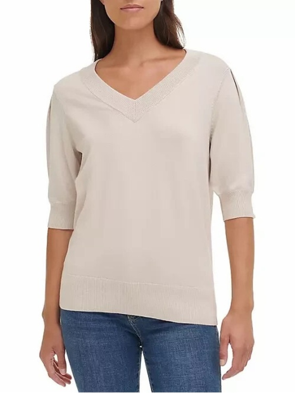 DKNY Beige V-Neck Short Sleeve Sweater / Knit Top M